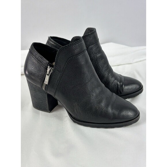 Lucky Brand Natlee Leather Ankle Booties Black 8 Stacked Heel Lug Sole Zip - Picture 4 of 12